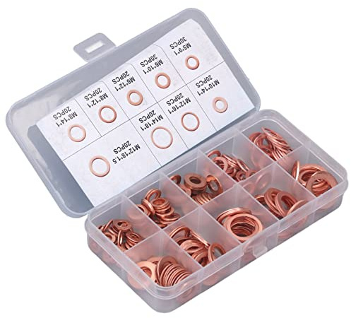 XUMIUZIY Kit Rondelle per Tappo di Scarico Dell'olio in Rame Rosso da 200 Pezzi di Alta qualità con 9 di Rondelle Resistenti M5-M14 Sigillanti per la Manutenzione del Tappo a Vite della Coppa