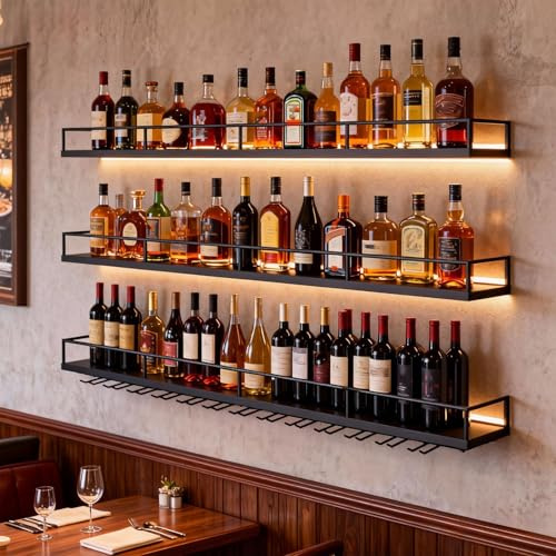 Portabottiglie a Parete con Luci LED e Portabicchieri,Espositore 3Ripiani per Vino,Struttura Metallica Resistente,Organizzatore per Bottiglie Appeso,Ideale per Home Bar,Caffè,Ristorante (nero, 100cm)