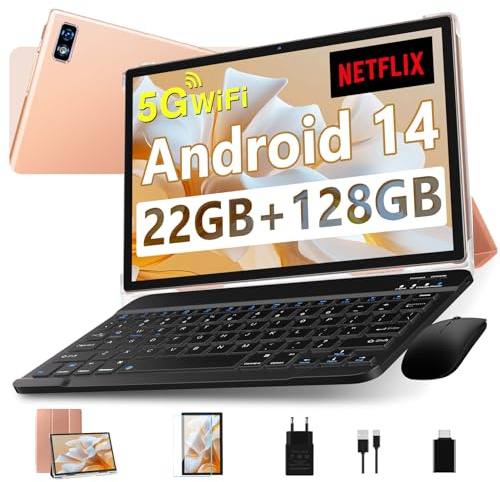 Tablet Android 14 Tablet 10 Pollici, 22GB RAM + 128GB ROM (TF 1TB), 5G WiFi Tablet, Widevine L1/ Octa-Core/ 8000mAh/ Corpo Metallico/ 8+5MP/ Supporto Netflix, 2 in 1 Tablet con Tastiera e Mouse-Golden