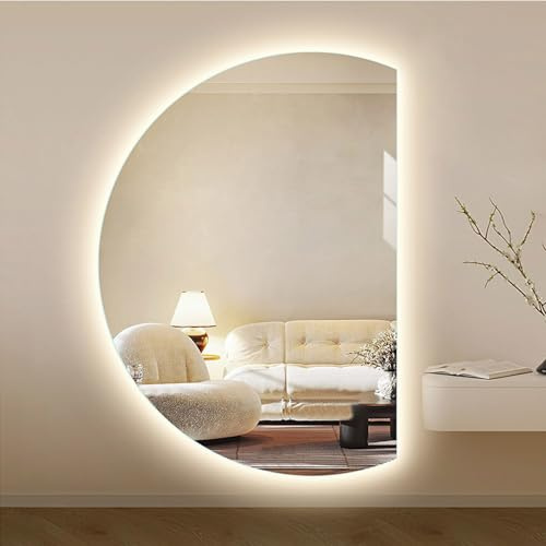 Aenmezen Specchio a Figura Intera Retroilluminato a Mezzaluna, Specchio da Bagno da Parete Senza Cornice, Intelligente Antiappannamento, Luce a 3 Colori(Right cut,100 * 70cm)
