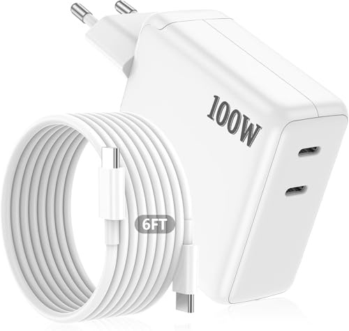 100W USB-C Ladegerät für MacBook, Dual-Port PD Schnellladegerät mit 1,8 m Kabel, kompatibel mit MacBook Air 2024/2023/2022, MacBook Pro 13/14/15/16 Zoll, iPhone 17/16/15 Pro Max, iPad, S25/24, Android