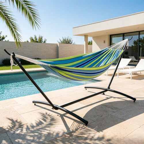 GarveeMore Doppelhängematte mit Gestell, Hängematte 2 Personen Outdoor & Indoor, Tragbare Hängematte bis 200 kg, Hängemattengestell für Garten und Balkon inkl. Tasche, Blau-Grün Gestreift