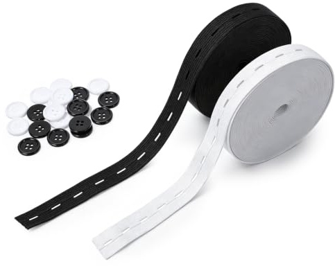 QfwdfcTrenz 2 Rollen Gummiband Breit 19mmx7m Gummiband Nähen Flaches Nähband Gummibands mit Knopflöchern für Hosenrock Stirnband Taillenbändern (Schwarz + Weiß)