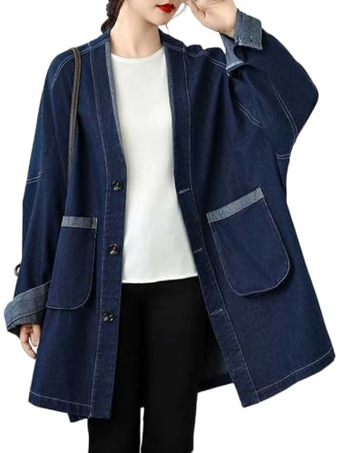 Giacca lunga oversize da donna in denim, stile vintage, con bottoni, autunnale, spolverino in jeans, blu, taglia M