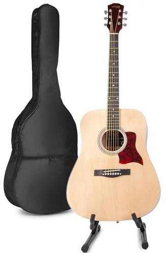 MAX SoloJam Guitarra Acústica Madera Natural – Set Completo para Principiantes con Soporte, Afinador, Bolsa, Cuerdas, Correa y Púas – Ideal para Niños desde 8 Años y Adultos
