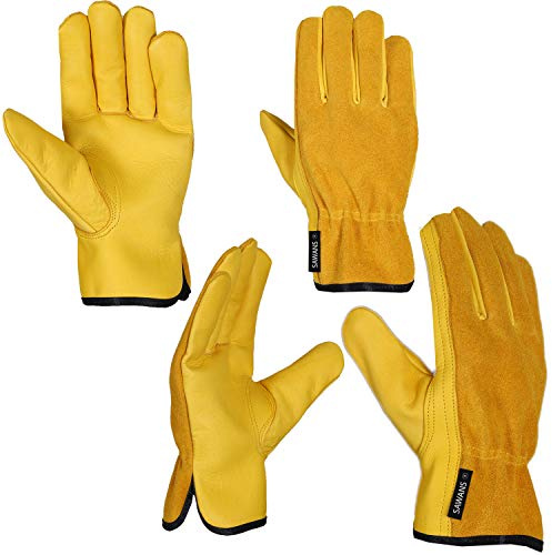 Work Gardening Gloves for Men Women 2 Pairs Leather Gloves Heavy Duty Construction Breathable and Flexible Safety Thorn Proof Gripper Mechanic Welding Gloves