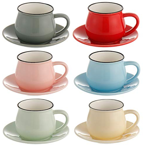All-Pie Tasses et soucoupes à expresso en céramique, ensemble de 6, 108 ml / 3,65 oz