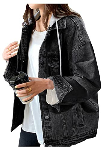LifeShe Women's denim jacket with hood oversized distressed jean jackets hoodie, Black, XL