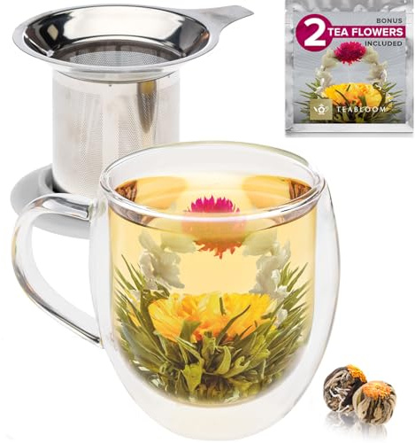 Teabloom Stay-Hot Heatproof Glass Mug with Loose Tea Infuser and Lid – 15 oz /430 mL – 2 Blooming Teas Included