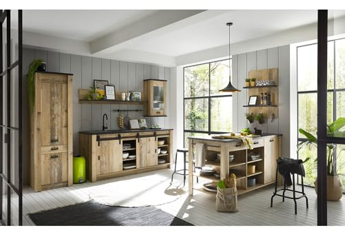 Lomadox Küchenmöbel Küchen komplett Set, Old Style hell Nb. mit anthrazit, 60cm Stauraumschrank, Spültisch mit Scheunentorbeschlag, 160cm Regal, Hängevitrine, Wandregal mit 3 Haken