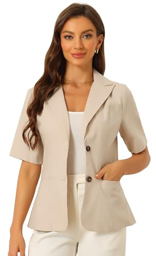 Allegra K Blazer da donna a maniche corte con bottoni sul davanti, in cotone e lino, colletto con risvolto, da lavoro, ufficio, casual, cachi, XL