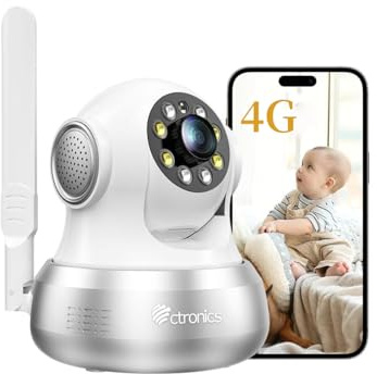 Ctronics 4G Überwachungskamera Innen mit SIM Karte, Auto-Tracking | 8 Positionen, Farb-Nachtsicht 20m, PC & App, FTP/Cloud, 360° PTZ IP Kamera Indoor, Zwei-Wege-Audio, Wand-/Deckenmontage