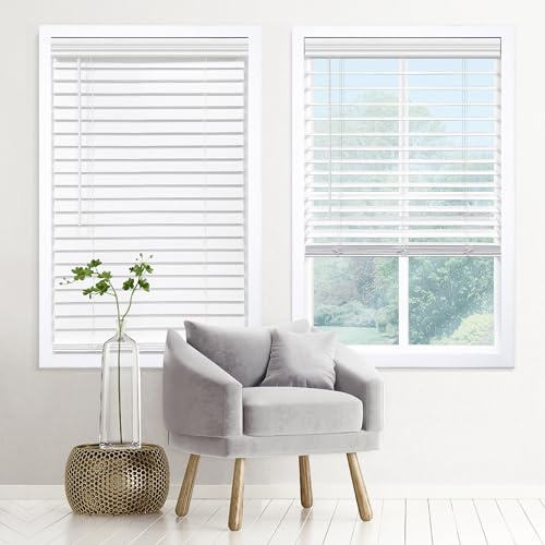 DEZ FURNISHINGS Cordless 2 Signature Faux Wood Blind, 61 W x 48 H, Embossed White