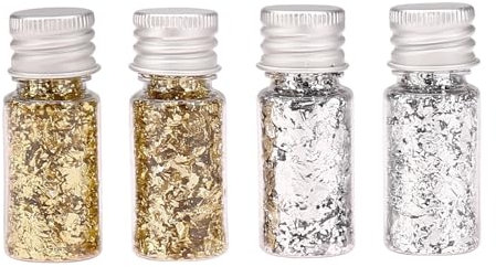 Ovaletta 4 Flaschen Blattgold, Blattgold zum Basteln, Blattsilber zum Basteln, Nachahmung Folie Flocken, für Nägel Kunst, Malerei, Kunsthandwerk und Resin Schmuck Machen (Gold, Silber Farben)