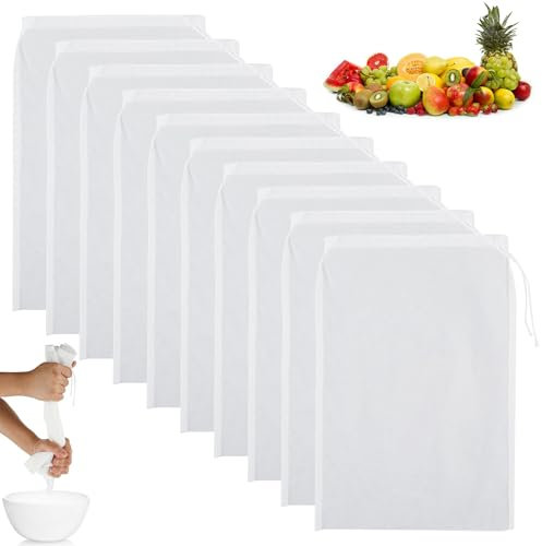Passiertuch Nussmilchbeutel, 10 Stück Passiertuch Wiederverwendbar, Bio Waschbar Filterbeutel Mit Kordelzug, Nylon Käsetuch, Feingewebt Nussmilchbeutel für Käse Fruchtsaft Kaffee Gemüsesaft (20×30cm)
