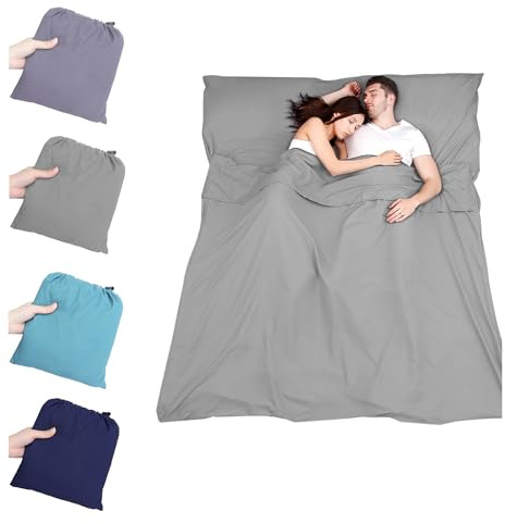 Srvillg Sleeping Bag Liner, 160cm x 210 cm Double Camping Sleeping Bag Liners, Portable Lightweight Travel Sheet Liner with Pillow Slot for Business Trip, Hotels (Grey, 160cm x 210 cm)