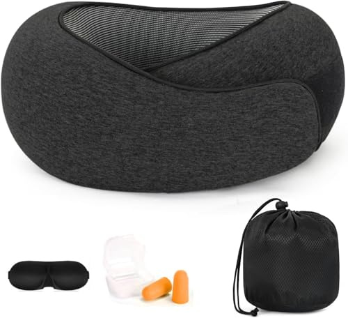 Purecas Nackenkissen Flugzeug 360°, Memory Foam Reisekissen mit Schlafmaske | 360°-Nackenstütze aus Memory Foam für Flugzeug, Zug und Auto, inklusive Schlafmaske, Ohrstöpseln und Tragetasche