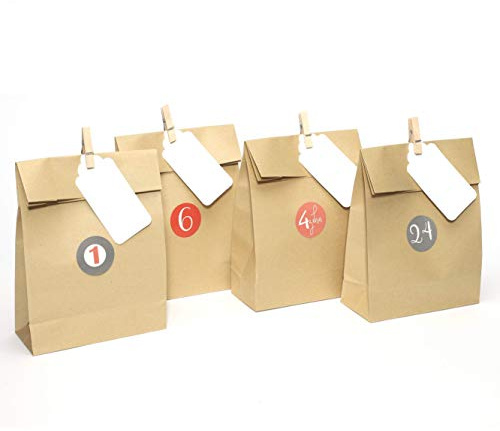 Plantvibes 24 hochwertige Geschenktüten mit Aufklebern aus Kraftpapier, Papiertüten Bunt, ideale Tüte für DIY Adventskalender oder Weihnachtsgeschenke, Geschenktüte