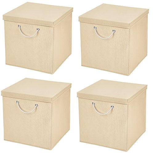 Stick&Shine 4x Aufbewahrungs Korb Creme Faltbox 30 x 30 x 30 cm Regalkorb faltbar mit Kordel und mit Deckel