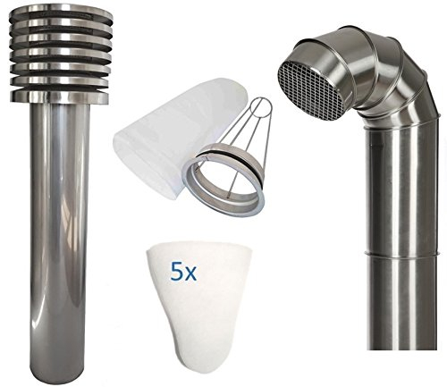 Intelmann Zuluft/Abluft Set für 100er KG-Rohr: Edelstahl Ansaugturm + Filterkorb + 5 Filter + Edelstahl Ausblasbogen
