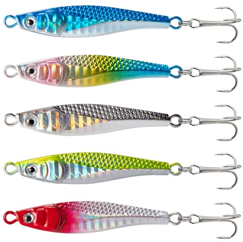 Alwonder 5pcs Metal Fishing Lure Set Colorful Laser Jigging Spoons with Feather Treble Hooks, Sea Fishing Spoons Long Casting Jig for Bass Trout Pike Perch Salwater Freshwater