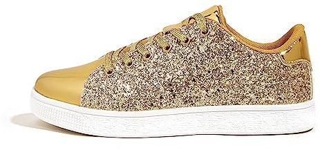 LUCKY STEP Damen Glitzer Sneaker | Schnüren Mode Schuhe | Glitzernde Bunt Turnschuhe für Damen (Gold, 8US-38EU-5UK)