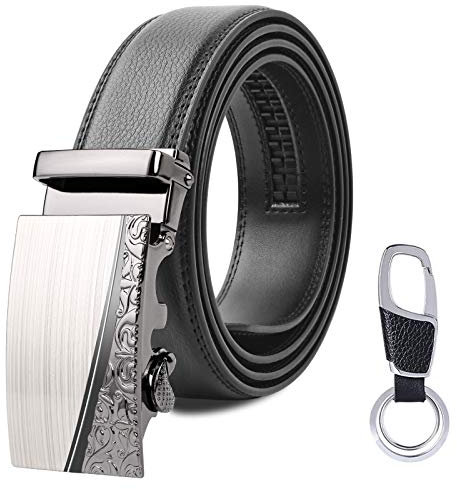 flintronic ® Cintura da Uomo in Pelle con Fibbia Automatica, Moda Cintura a Cricchetto 3.5cm * 130cm, con Portachiavi e Confezione Regalo
