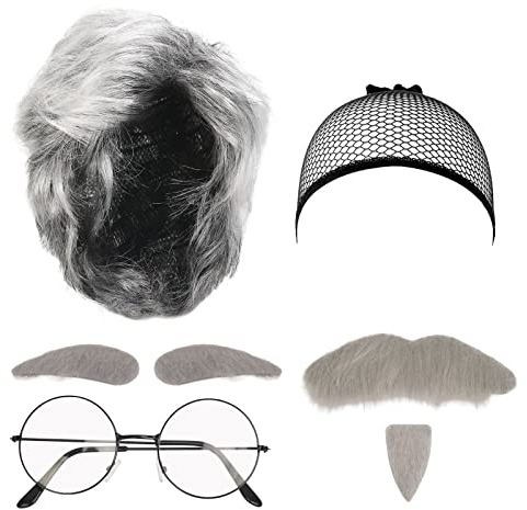 LOPOTIN 7TLG Opa Kostüm Alter Mann Perücke Großvater Accessoire Grandpa Kostümzubehör Grau Augenbrauen Schnurrbart Runde Brille Grandpa Kostümzubehör für Fasching Karneval Halloween
