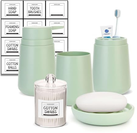 IMAVO Badezimmer Zubehör Set 4tlg Zahnbürstenhalter Zahnputzbecher Seifenspender Seifenschale Deko Badezimmer Zubehör Set (Grün)