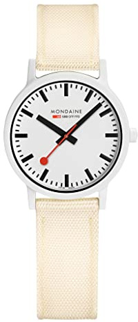 Mondaine Essence Schweizer Damen Armbanduhr mit veganem, weißem Textil-Armband, typischer Bahnhofsuhr-Style, Durchmesser 32mm, Gehärtetes Mineralglas