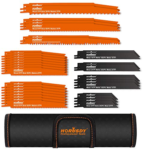 HORUSDY 34-Piece Reciprocating Saw Blades Set, Steel for Metal, Plastic, Wood, and Drywall. Includes HCS Wood Pruning and BIM Metal Blades, Organizer Pouch, Fits All Saws