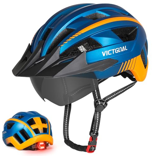VICTGOAL Cykelhjälm Herr Mountainbike hjälm med Avtagbar Magnetisk Skyddsglasögon, Avtagbar Solskyddsvisir och LED-bakljus Cykelhjälm Vägcykel för Vuxna Män Kvinnor M/L/XL (XL: 59-63cm, Blå)