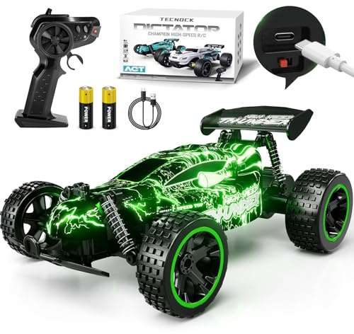 Tecnock Fjärrstyrda bilar för barn, skala 1:18 RC racerbil med LED-lampor, 2,4 GHz all terräng RC bil med 2 uppladdningsbara