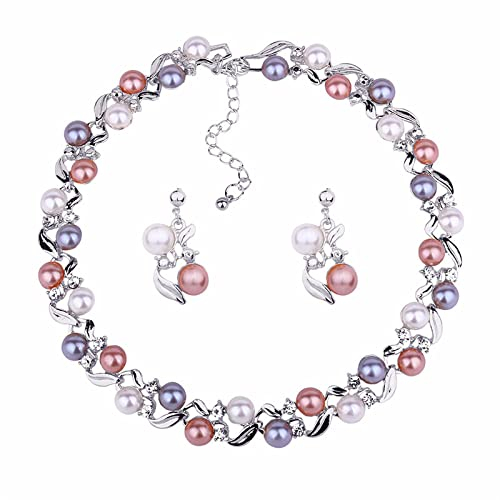PAIHUIART Halskette Pulloverkette Ketten Schmuck Frauen Anhänger Necklace Perlen-Schmuck-Sets Perlen-Bolzen-Ohrringe Für Frauen Bunte Blumen-Anhänger-Halsketten-Partei-Sets Silber