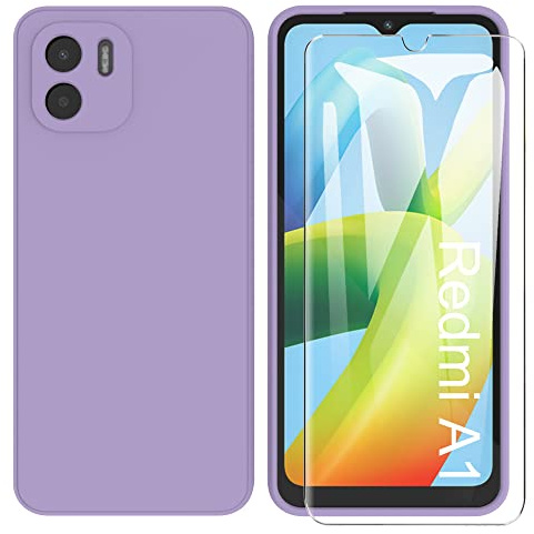 ARRYNN Funda Xiaomi Redmi A1 / Redmi A2 4G con Cristal Templado Protector de Pantalla,Rosadp Ultra Slim Protectora Funda de Silicona Líquida Suave Case Cover para Xiaomi Redmi A1 / A2 - Púrpura