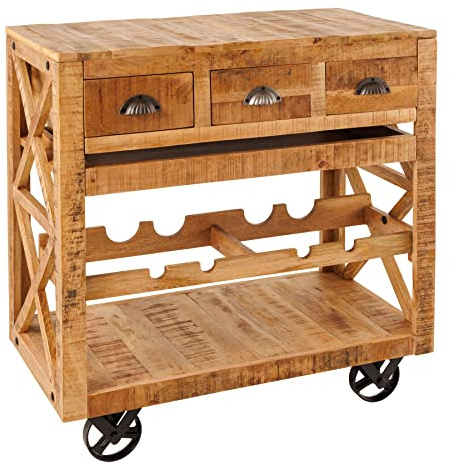 Barschrank BODEGA - 86cm - natur - Mangoholz Servierwagen Weinregal | Praktischer Stauraum, Schubladen, Bohlenoptik, natürliche Maserung, ausziehbar, edle Optik, mit Rollen, für 4 Flaschen