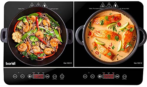 Baridi Portable Induction Hob: Two Zone Cooktop with 13A Plug, 2800W, 10 Power Settings, Touch Controls, 3-Hour Timer Function, Child Safety Lock, Black - DH146