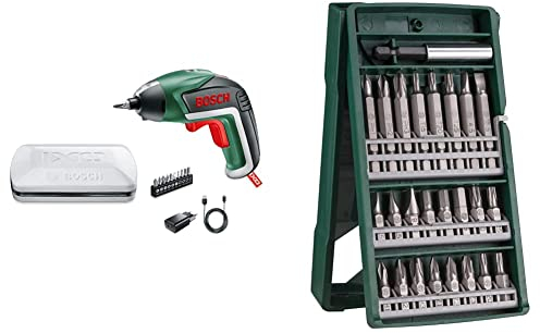 Bosch Akkuschrauber IXO (5. Generation, in Aufbewahrungsbox), Klassisch grün + Bosch 25tlg. Mini-X-Line Schrauberbit-Set (PH-, PZ-, Hex-, T-, S-Bit, Zubehör Bohrschrauber und Schraubendreher)