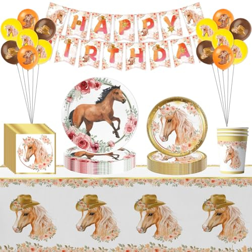 Pferd Partygeschirr Set für Geburtstag - Pappteller, Tassen, Servietten, Banner, Dekorationen für 10 Gäste | Teller, Becher, Servietten zum Geburtstag, Kinderdekoration, 10 Gäste