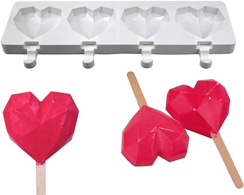 1 confezione di simpatici stampi per ghiaccioli a forma di cuore a forma di diamante, in silicone, 4 cavità, stampi per ghiaccioli per bambini e adulti, stampo per gelato, torte, stampo fai da te per