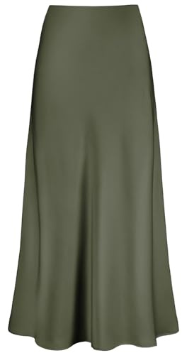 Outoshe Dam satin hög midja maxikjolar dold elastisk midja en linje lång kjol, Armégrönt, XL