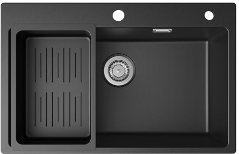 CECIPA Lavandino Cucina Nero 70x45 cm, Lavello Cucina 1 vasca in Granito, Lavabo Cucina con Cestello di Scarico, Incasso al mobile 80cm, con Sifone