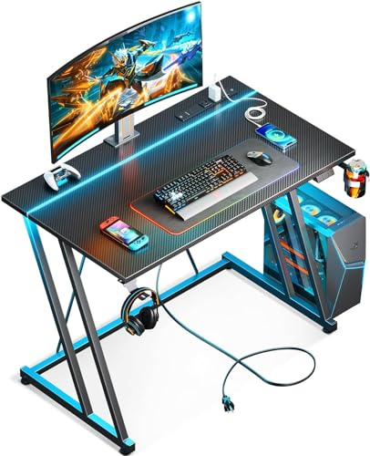 ODK Gaming Tisch mit LED & Steckdose, Gaming Schreibtisch mit Becherhalter und Kopfhörerhaken, Doppel-Z-Rahmen-Design Kleiner Computertisch, Carbon Fiber Schwarz PC Tisch 120 cm