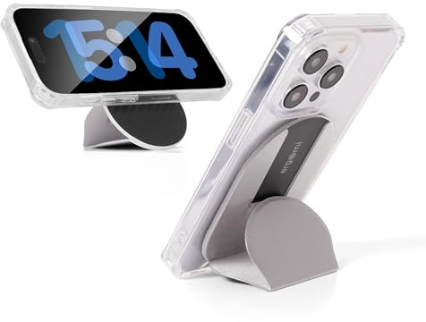 ergomi Magnetic Phone Stand Grip – Dual Magnetic Ring, Patented Snap Design, Vegan Leather, Mag-Safe-Compatible for iPhone 16/15/14/13/12/16 Series– Grey
