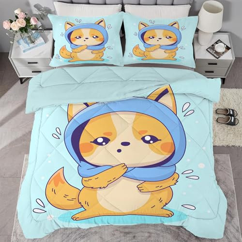 buyluhn Bettdecke 240x220 Ohne Bezug Nutzbar，4 Jahreszeiten Bettdecken Blau Shiba Inu GroßE Steppdecke Hund Ganzjahresdecke，Waschbar Bettzeug mit 2 Kissenbezug für Sommer Winter Doppelbett