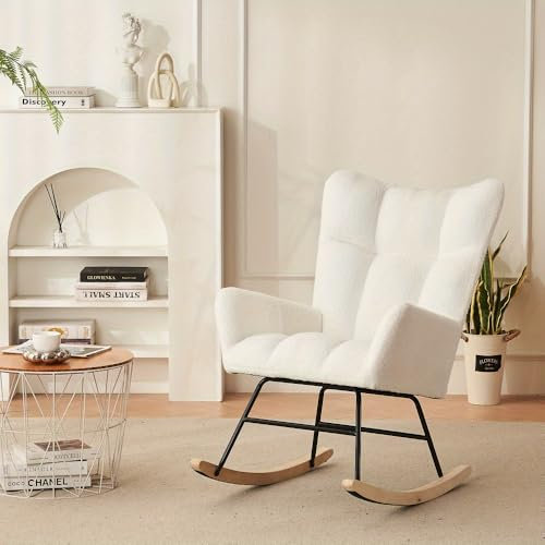 OCACA Moderner Schaukelstuhl mit hoher Rückenlehne und Armlehnen, Bequeme und einzigartige Stühle geeignet für Wohnzimmer, Schlafzimmer und Innenhöfe (White)