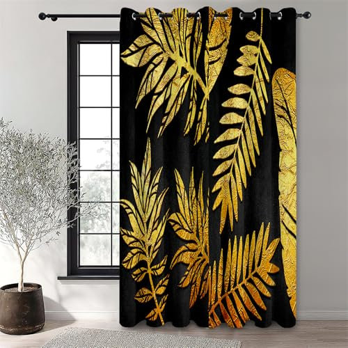 Hiseng Cortina de Exterior con Ojales, Cortina Impermeable Translúcidas Estampado Hoja de Palma Oscura para Porche, Pérgola, Jardín, Puerta Corredera, Cenador - 1 Pieza (100x140cm,Oro)