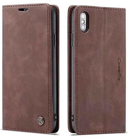 owlhold Hülle iPhone XS Max klapphülle Premium Lederhülle Weiches Vintage-Nubukleder Faltbare Ständer Schutzhülle Kartenfach Standfunktion stoßfest Handyhülle iPhone XS Max -Kaffee