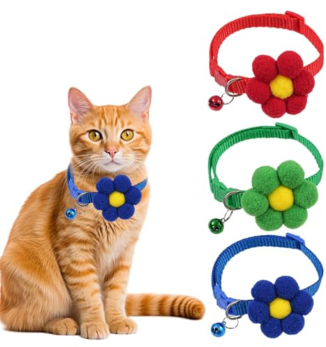 KASESSS 3 Pezzi Collare Gatto Fiori, Collarino Gatto Carino, Collare per Gatti con Campanellino, Collari Gatti Regolabile 19-32 cm, Collari per Gatti per Cani di Piccola Taglia Medio Grande Gatti