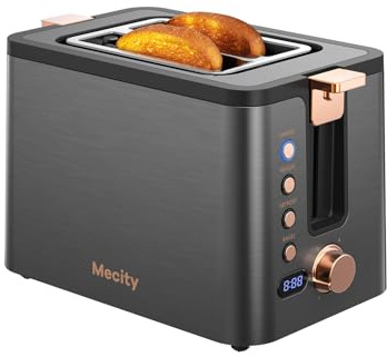 Mecity Toaster 2 Slice Stainless Steel Body Timer, Bagel/Defrost/Reheat/Cancel Functions,Warming Rack, Removable Tray, 6 Browning Settings, Extra Wide Slots, Bread Toaster, 120V 800W Grey